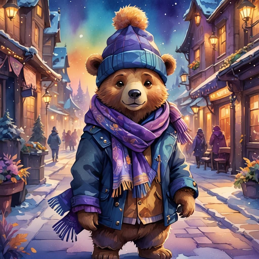 Cute Disney-Style Bear with Scarf and Hat