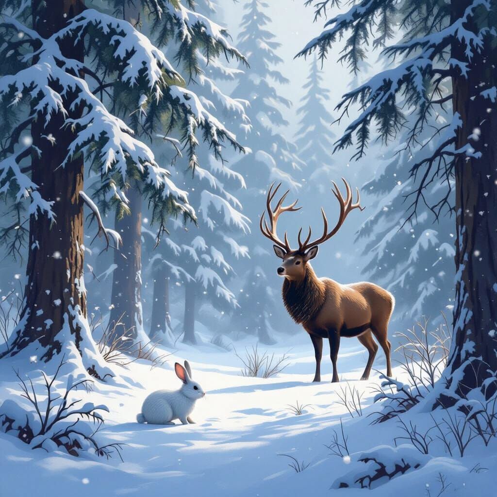 Winter Forest Scene with Snowing Trees, Rabbit, and Deer