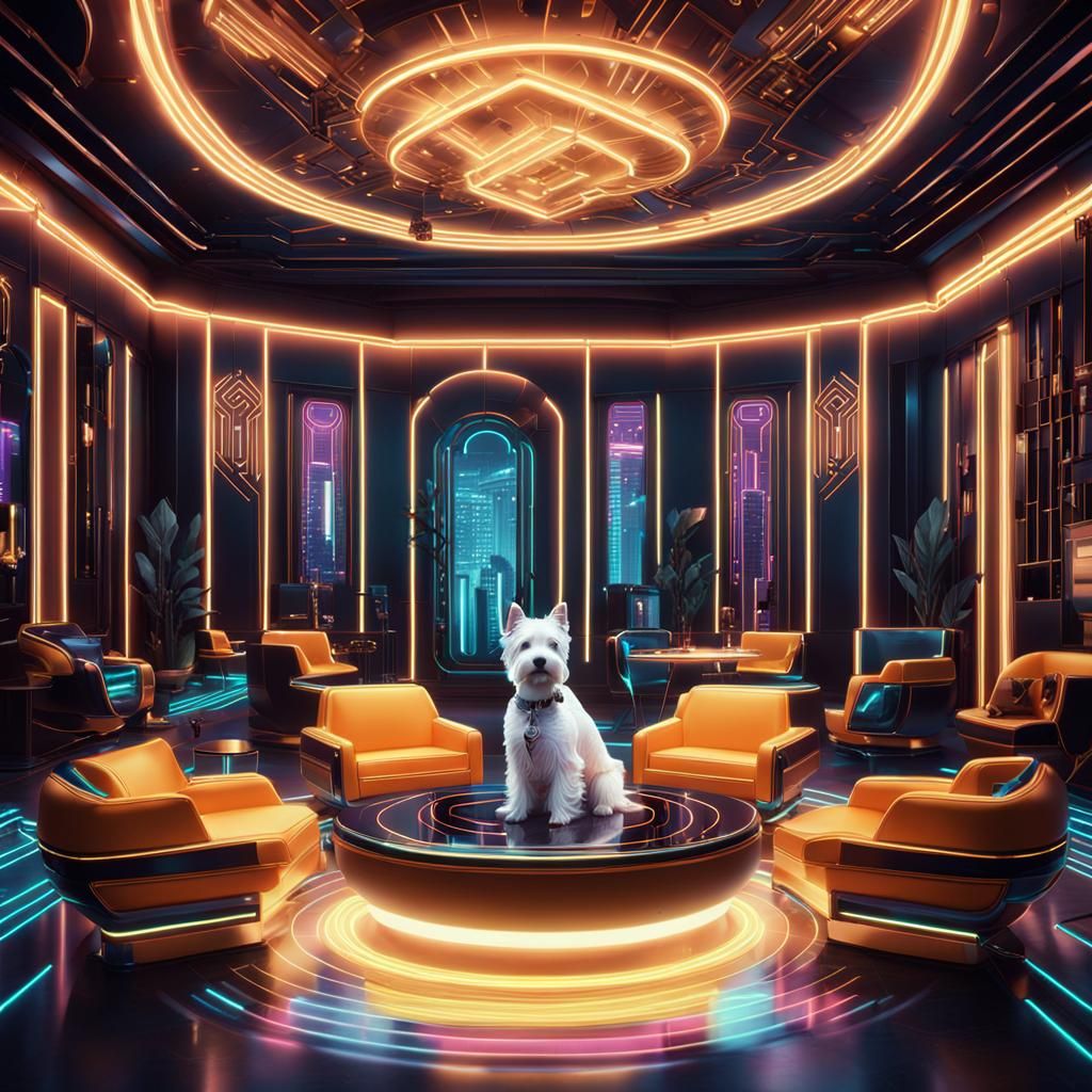 Opulent Art Deco Room with Westies in Gilded Age Futurism