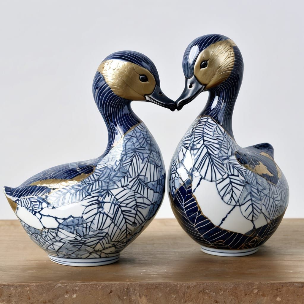 Porcelain Grebes with Kintsugi Botanical Pattern