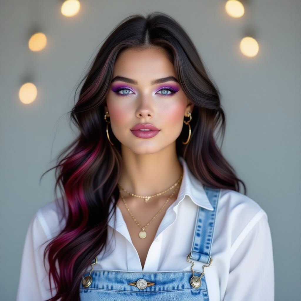 Trans Girl Portrait: Blue Eyes, Purple Makeup, Denim Dress