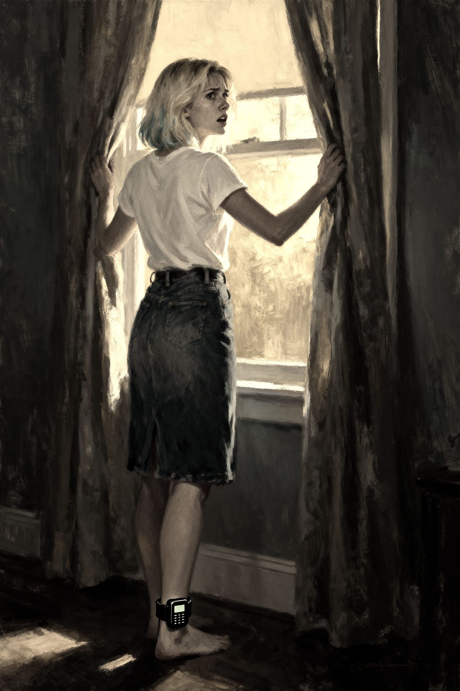 Oil Painting of Woman With Ankle Monitor Gazing Out Window
