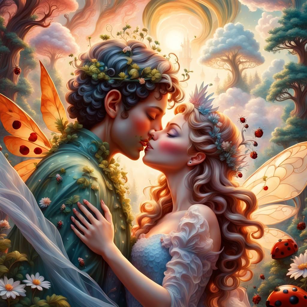 Fantasy Fairy Kiss in Enchanted Forest, 3D Render