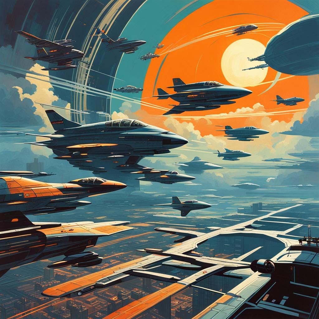 Retro Jets Chase UFO in Cinematic Futurism Style