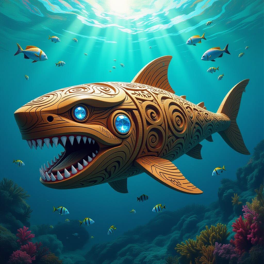 Megalodon Wooden Figure with Cosmic Elements