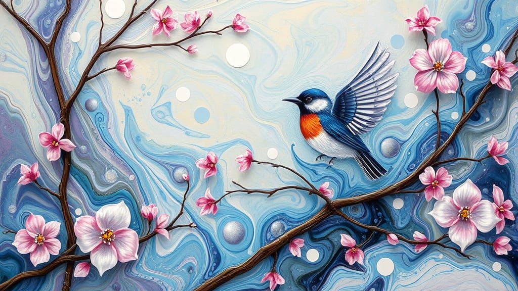 Vibrant Bird Landscape in Expressive Acrylic Pour