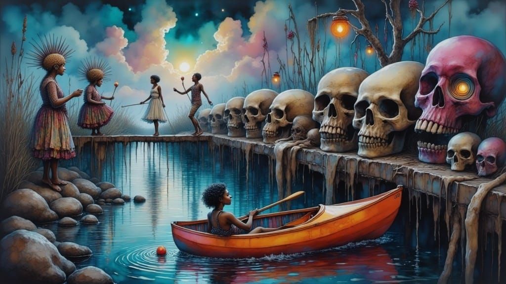Surrealist Dance of Life and Death on a Skull Bridge
