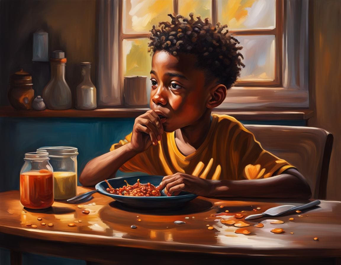 Vibrant Cartoon Portrait of Boy Eating Meal