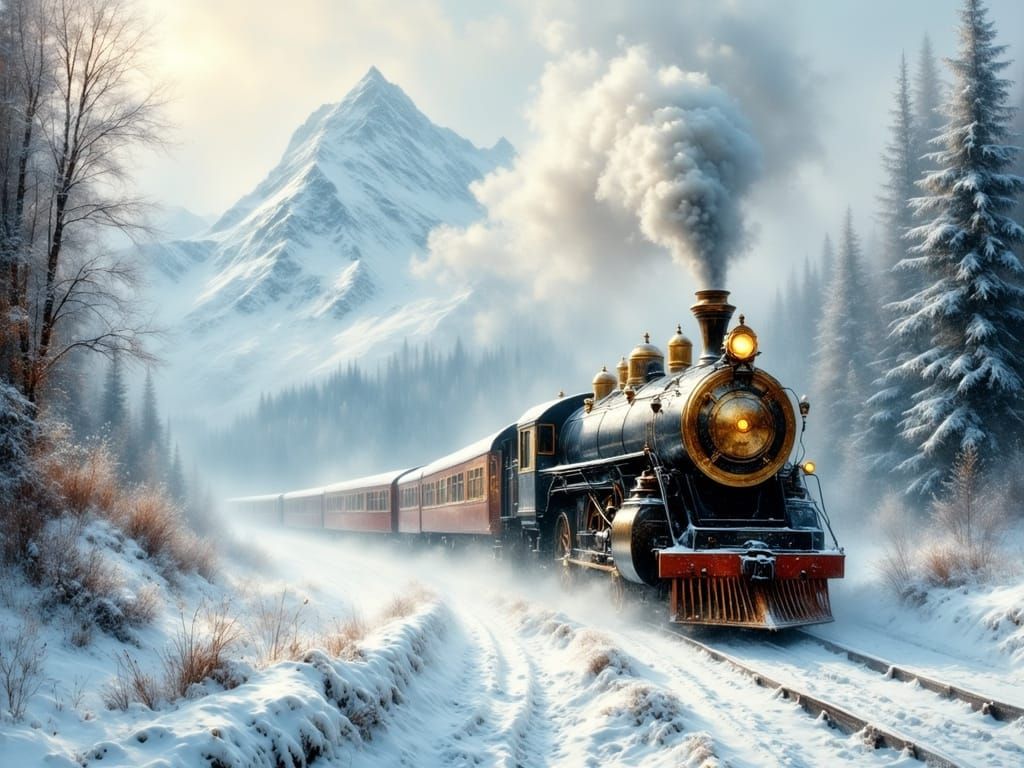 Vintage Steam Train Journey Through Snowy Landscape