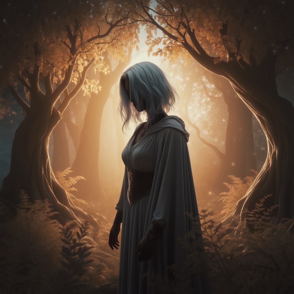Enigmatic Figure in Golden Forest Light