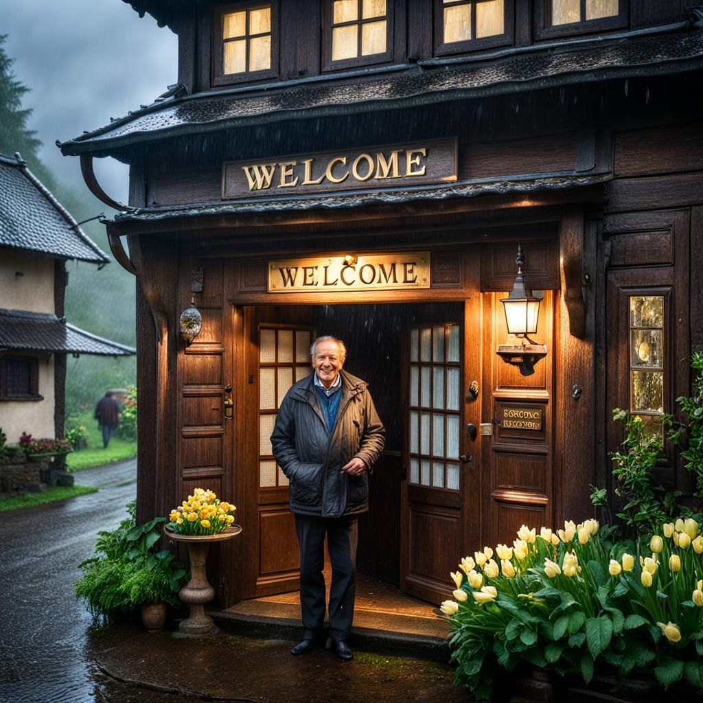 Hyperrealistic Village House Welcome in Spring Rain