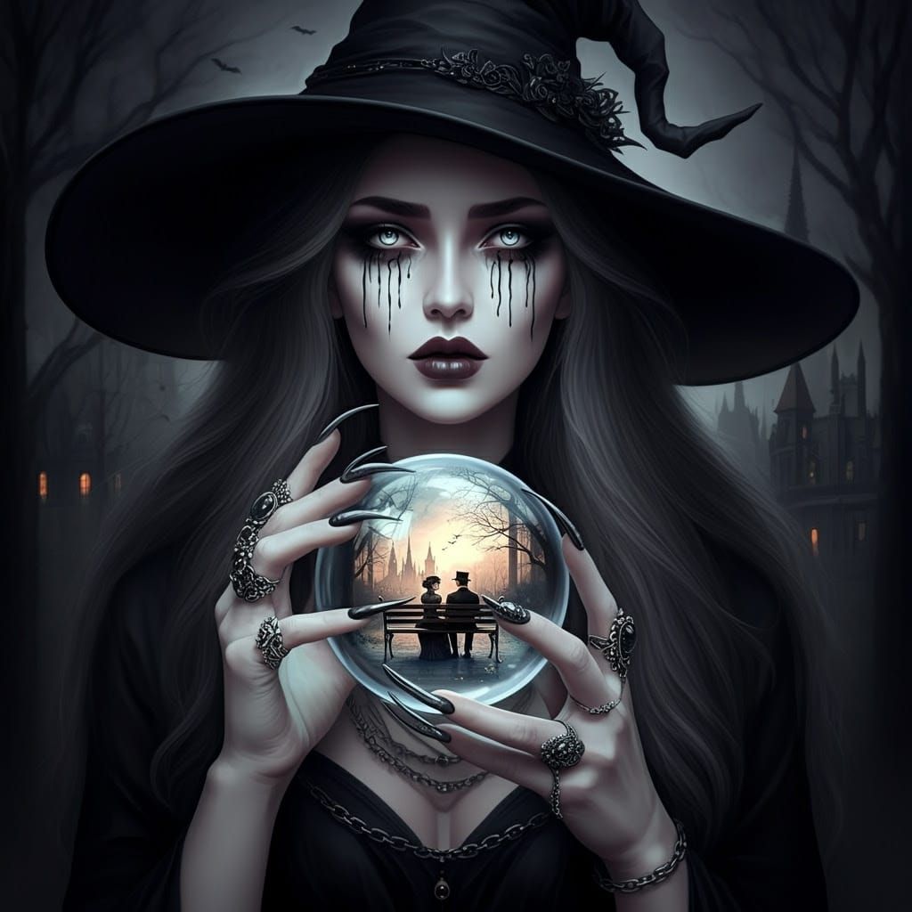 Mysterious Witch Gazing into a Crystal Ball in a Victorian F...