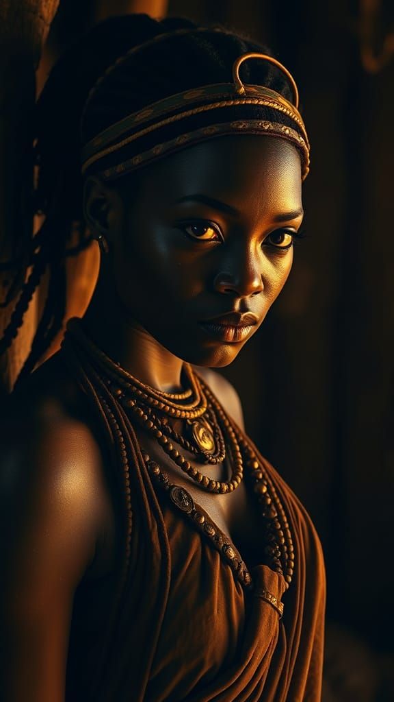 Dark Fantasy Warrior Woman in Tribal Mysticism Oil Painting