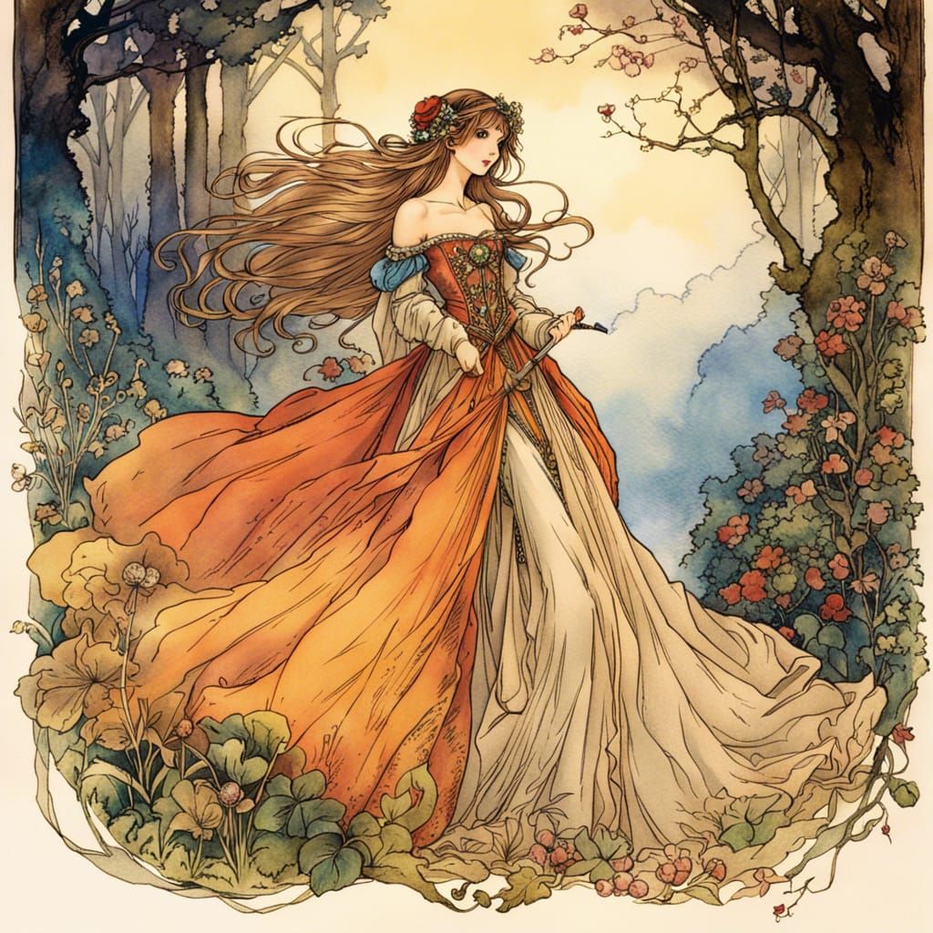 Medieval Maiden in Sinopia Gown, Arthur Rackham Style