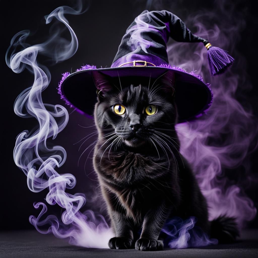 stunning view of a moving black cat made of smoke with purple witch hat, insanely detailed, perfect composition, hallowe...