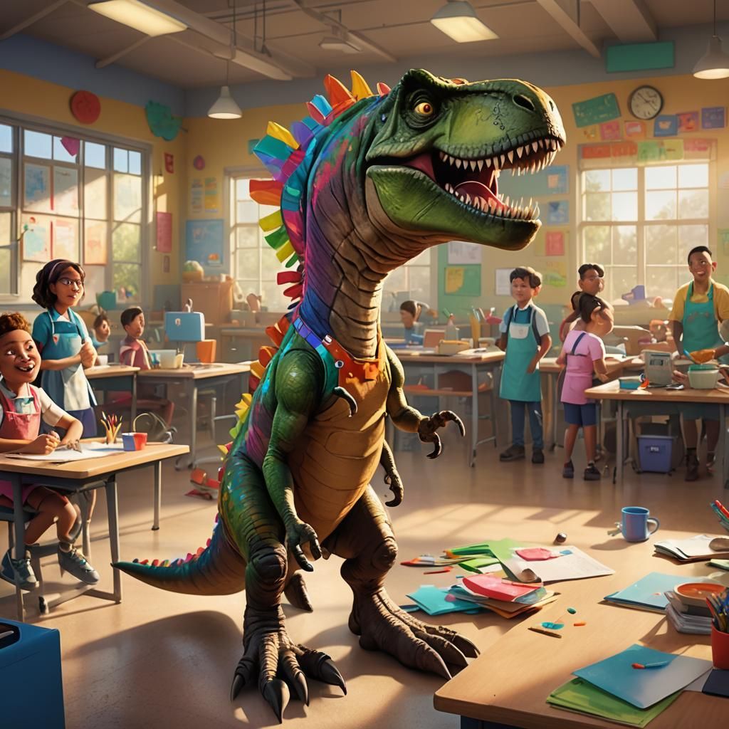 Cute T-Rex in Classroom: Pixar-Style Concept Art