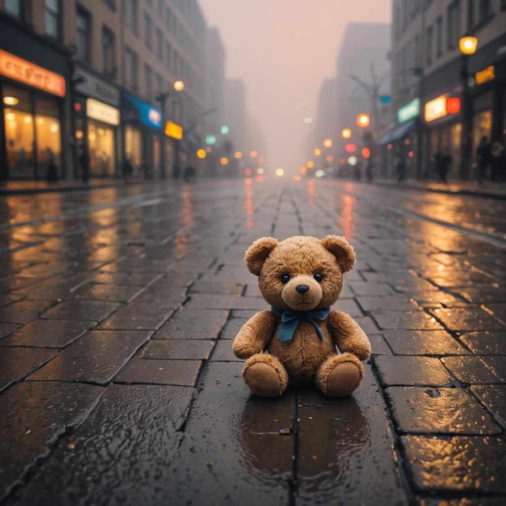 Teddy Bear Lost in Foggy Sunset Cityscape