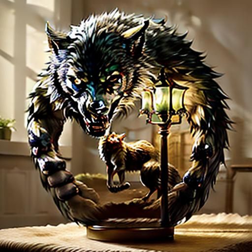 Whimsical Wolf Lampshade Still Life Illustration