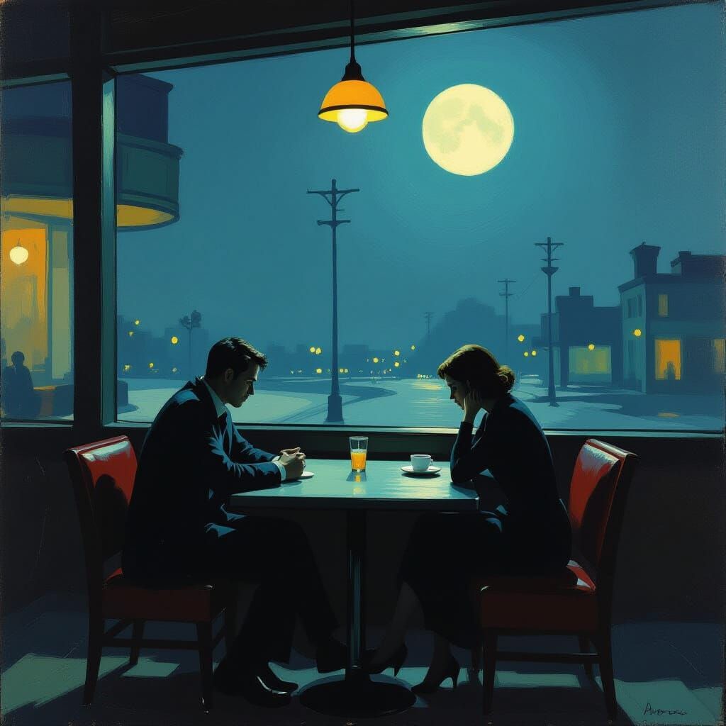 Solitary Figure in Moonlit Diner as Oil Painting