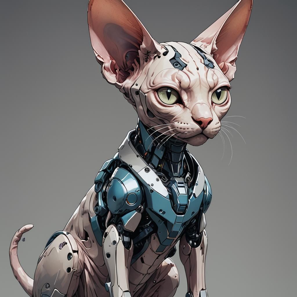 Robot Sphynx Cat in Anime Cel-Shaded Style