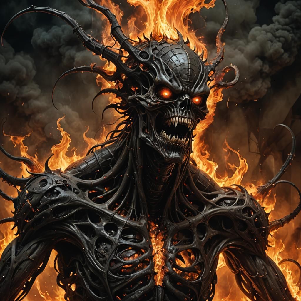 Grimdark Horror: Twisted Creature Screams in Flames