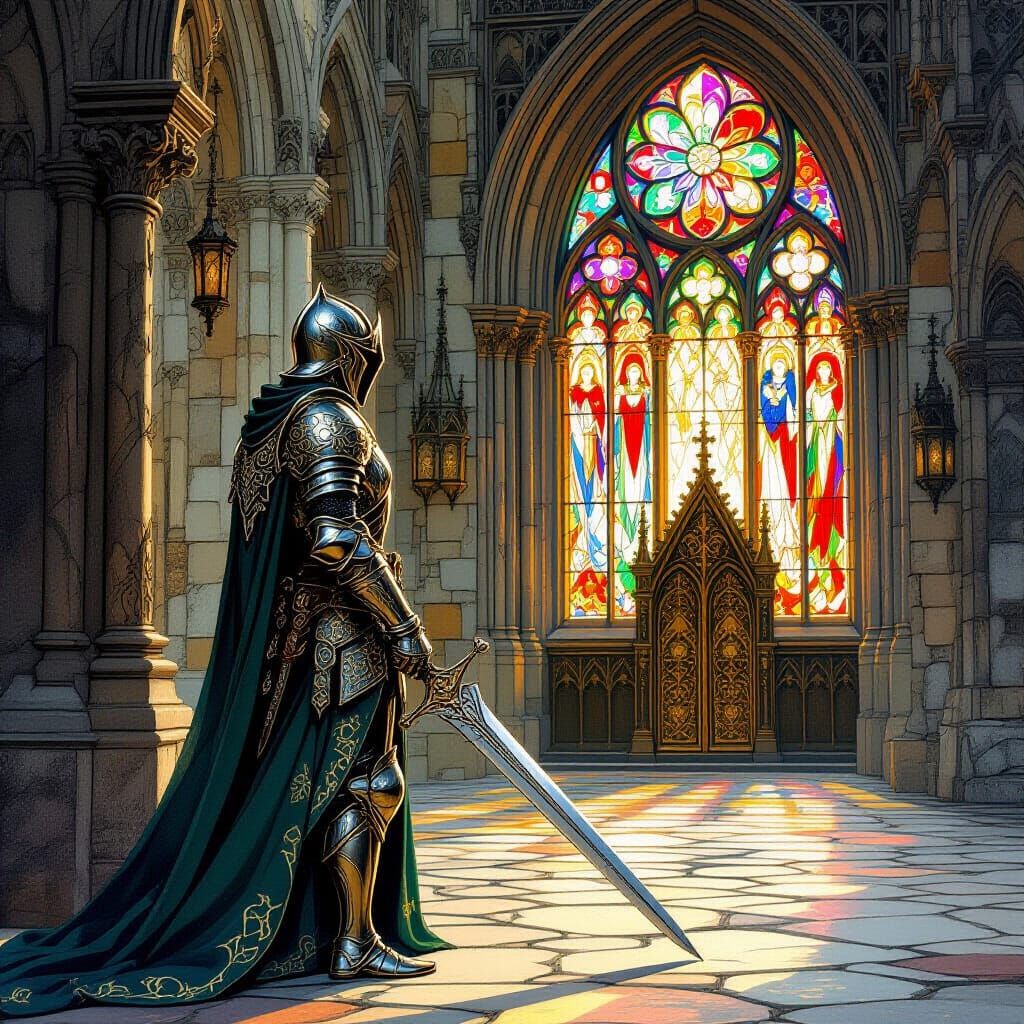 Regal Elf Knight Guards Gothic Cathedral in Painterly Style