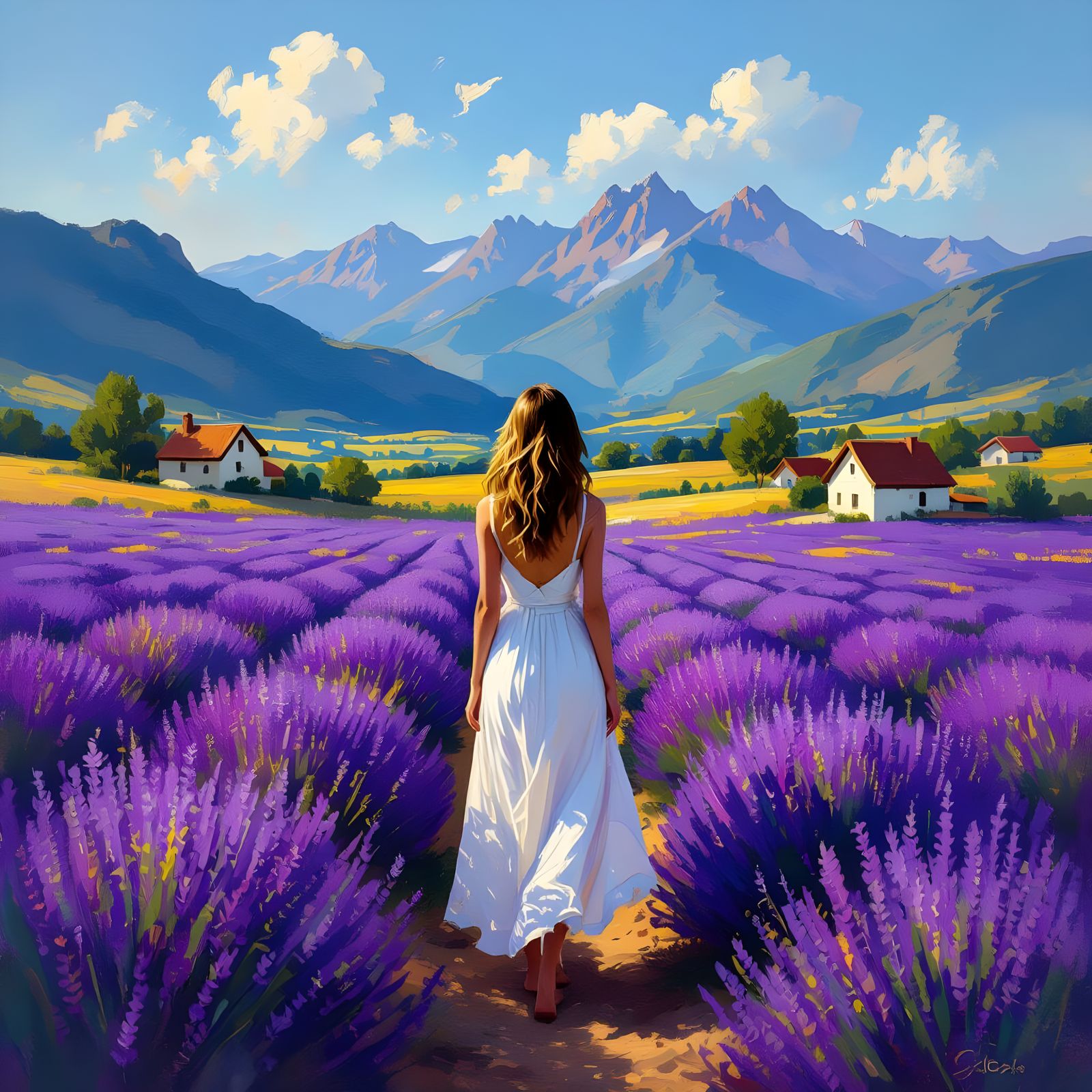 Young Woman in Lavender Field, Impressionistic Oil Painting