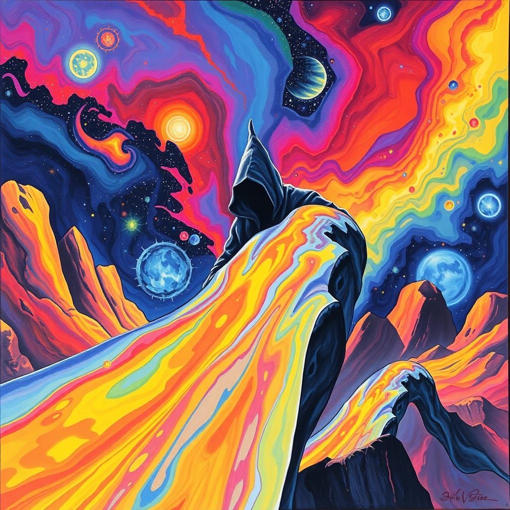 Cosmic Slide with Vivid Colors and Mysterious Figure