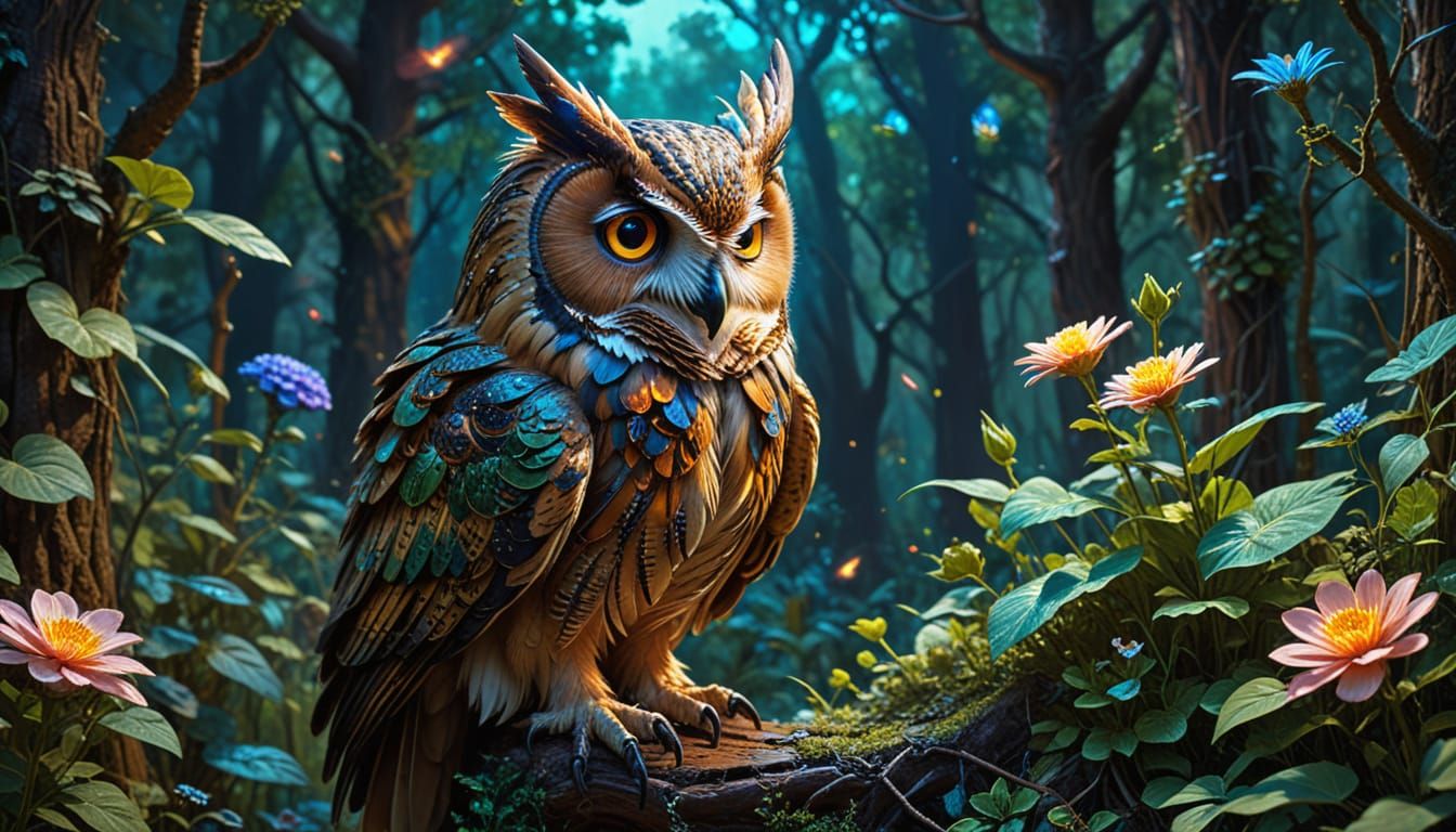 Owl Druid Conducts Nature's Symphony in Astral Garden