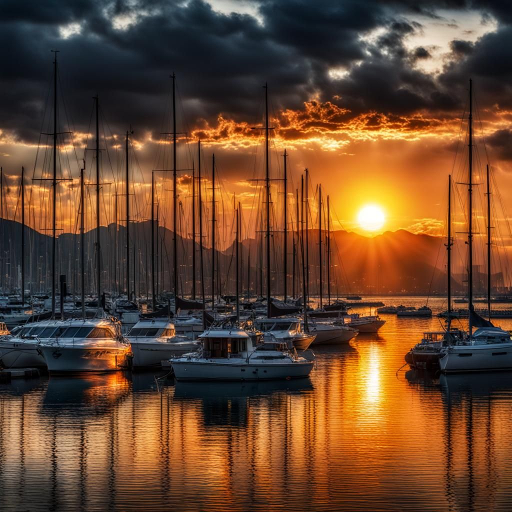 Dramatic Sunset Over Bay: Hyperrealistic Image