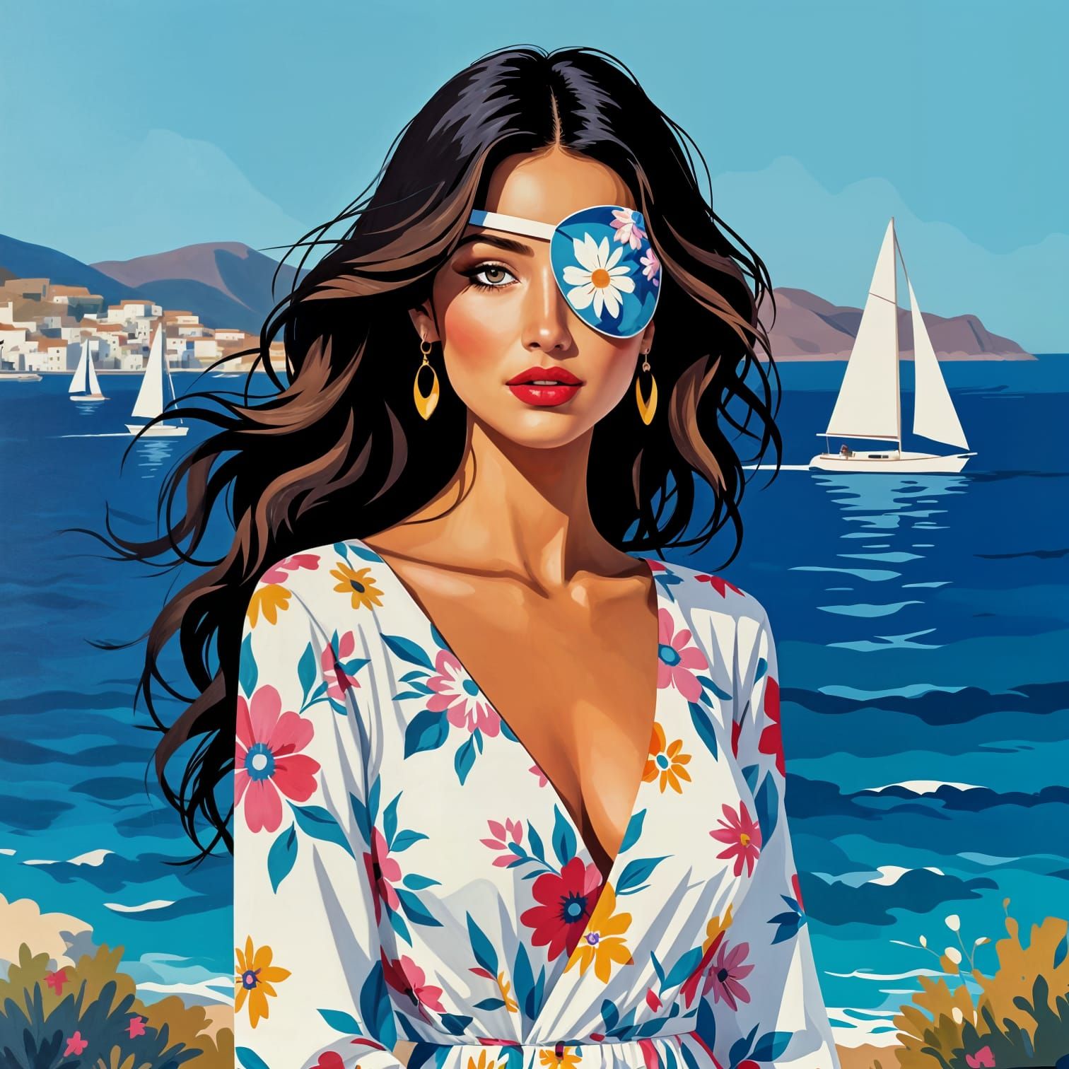 Woman in Floral Dress and Eyepatch by the Sea