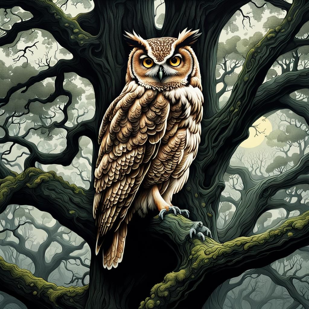 Large oak tree, beautiful owl, forest, detail, realistic