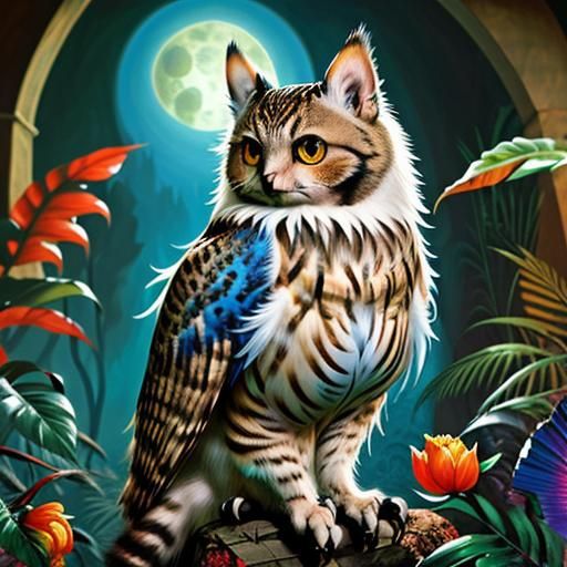 Photorealistic Cat-Owl Hybrid in Surrealist Style