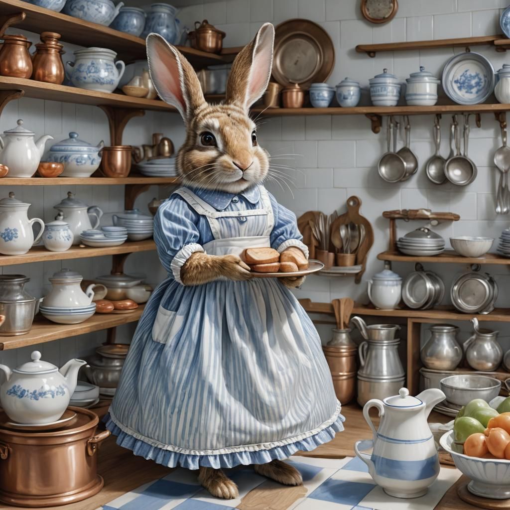 Lady Rabbit in Kitchen, Hyperrealistic Fantasy Art