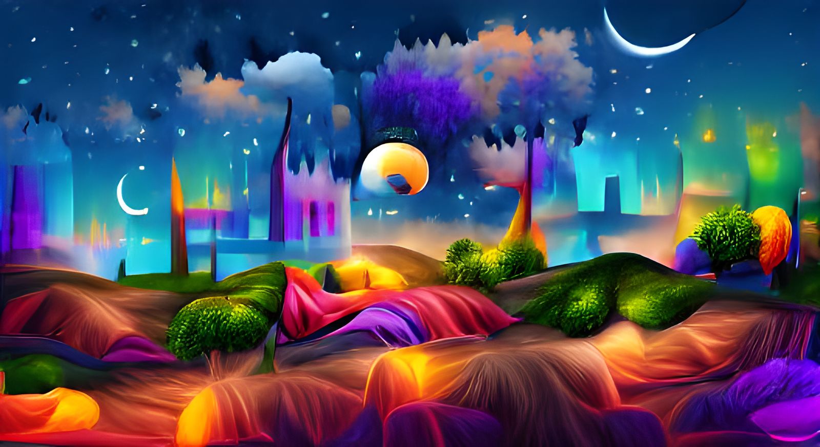 Colorful Night Fantasy Landscape Digital Illustration