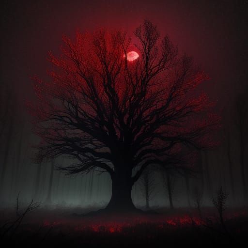 Blood Moon Illuminates Dark Mystical Forest