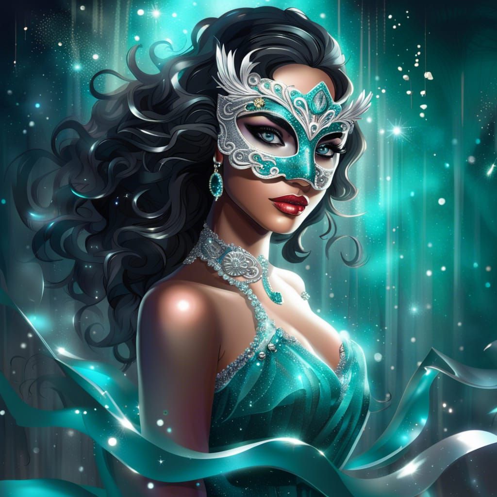 Woman in Teal Gown with Masquerade Mask