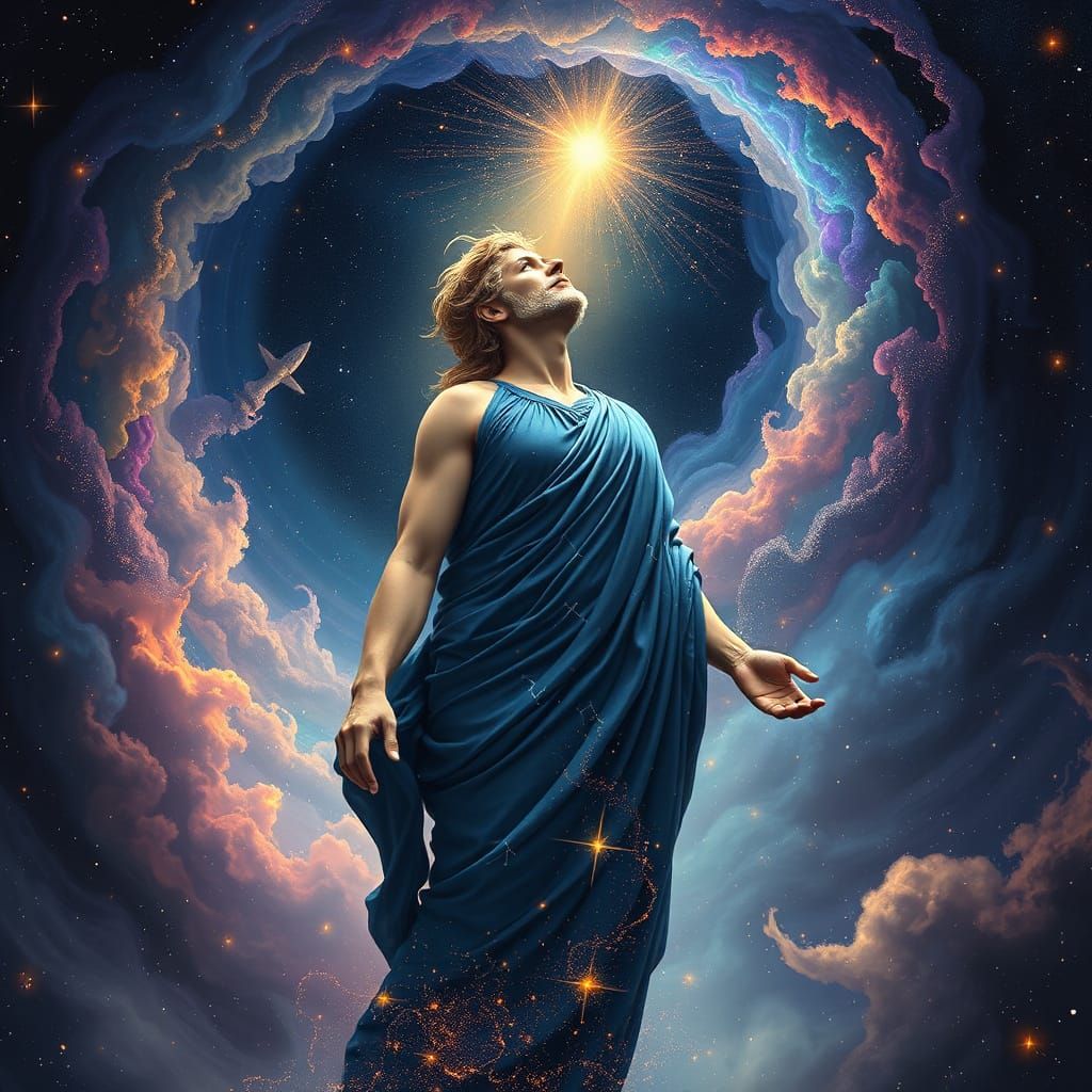 Majestic Apollo, Radiant Son of Zeus, Amidst Celestial Vorte...