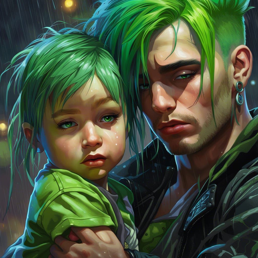 Neon Punk Comforts Toddler in Rain, Detailed Art