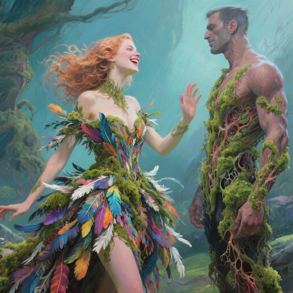 Woman in Feather Dress Greets Man: Acrylic on Canvas