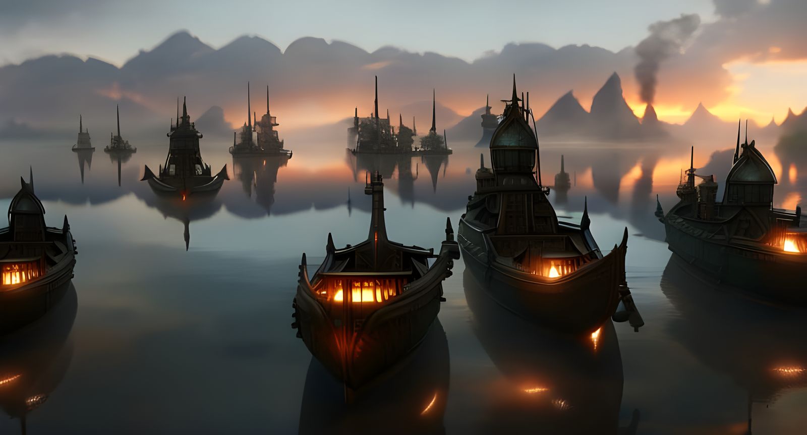 Cinematic Viking Ships on Lake at Sunset