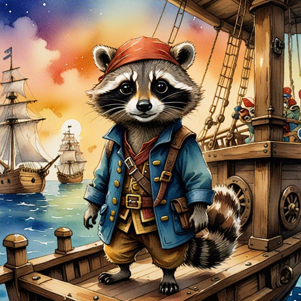 Pirate Raccoon on Ship: Watercolor Storybook Illustration