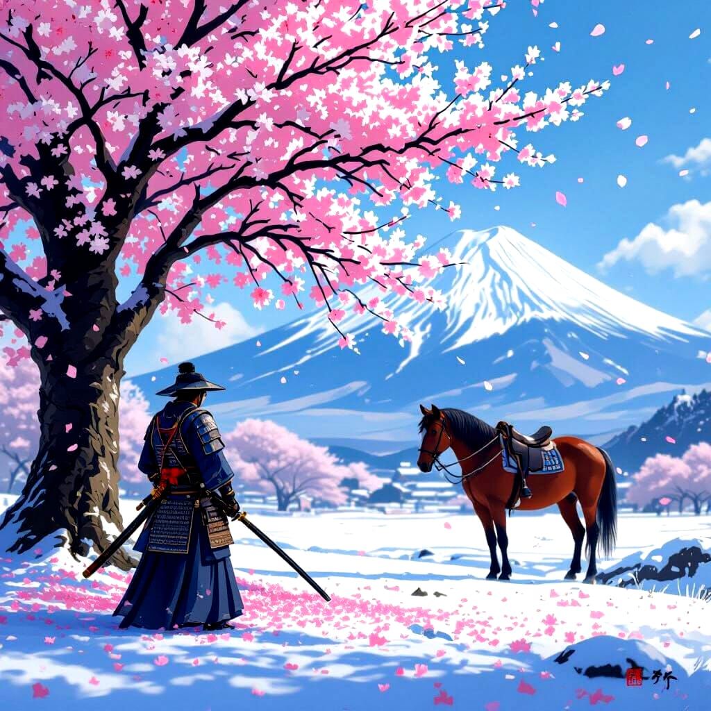 Samurai Warrior Beside Cherry Blossoms with Mount Fuji