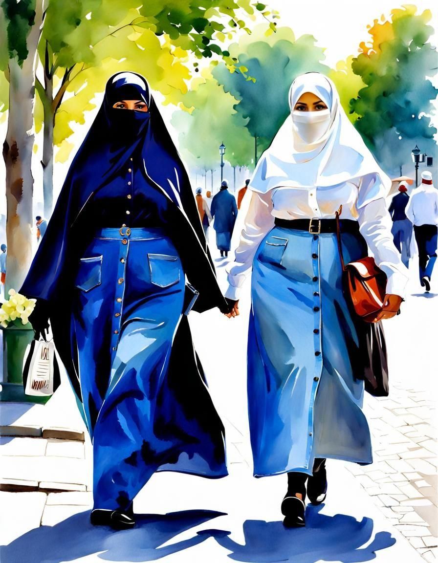 Watercolor Niqabi Teachers Strolling in Copenhagen