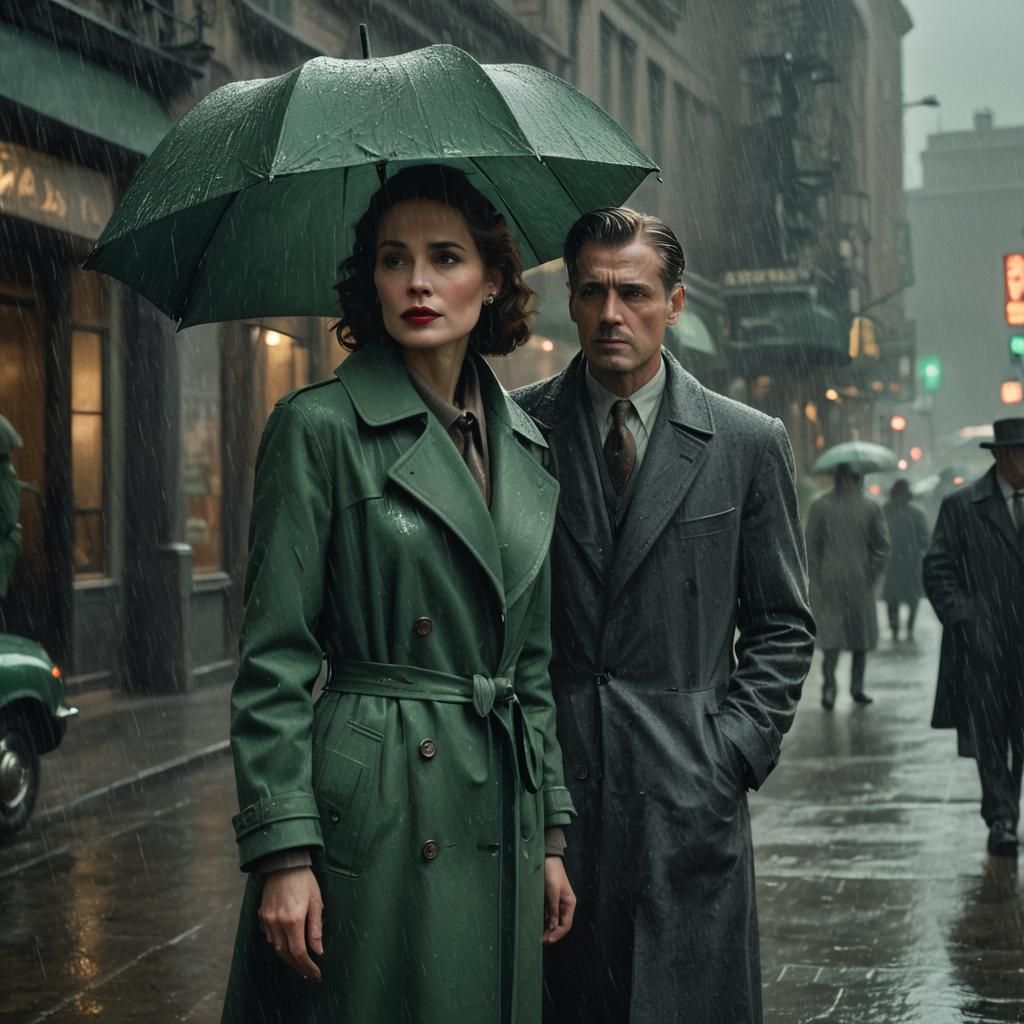 Film Noir Woman in Green, Man in Gray