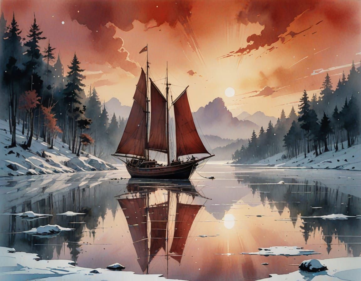 Sailing Boat on Hill at Dawn: Digital Matte Painting