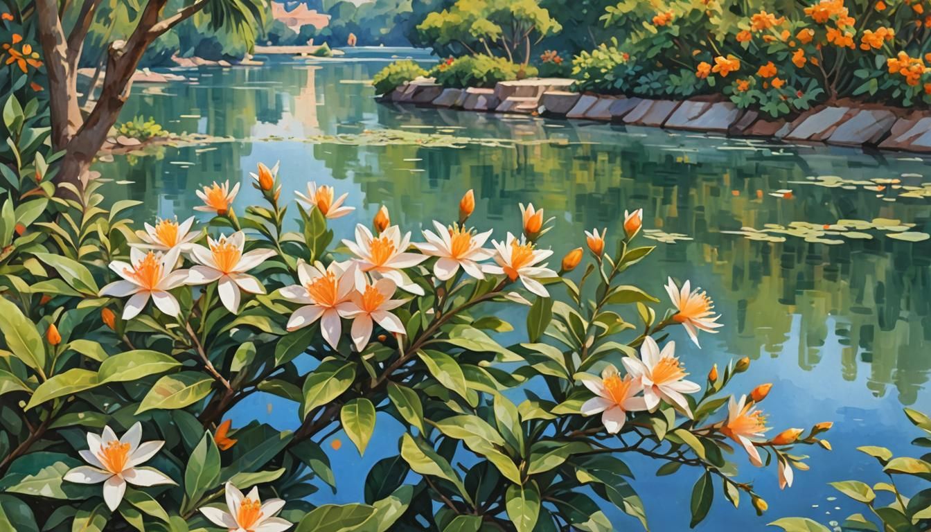 Neroli Flowers in Garden: Gouache Impressionist Painting