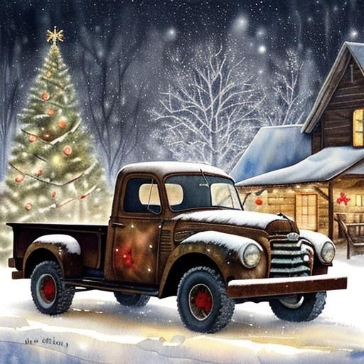 Rustic Christmas Pickup Truck in Watercolor Style