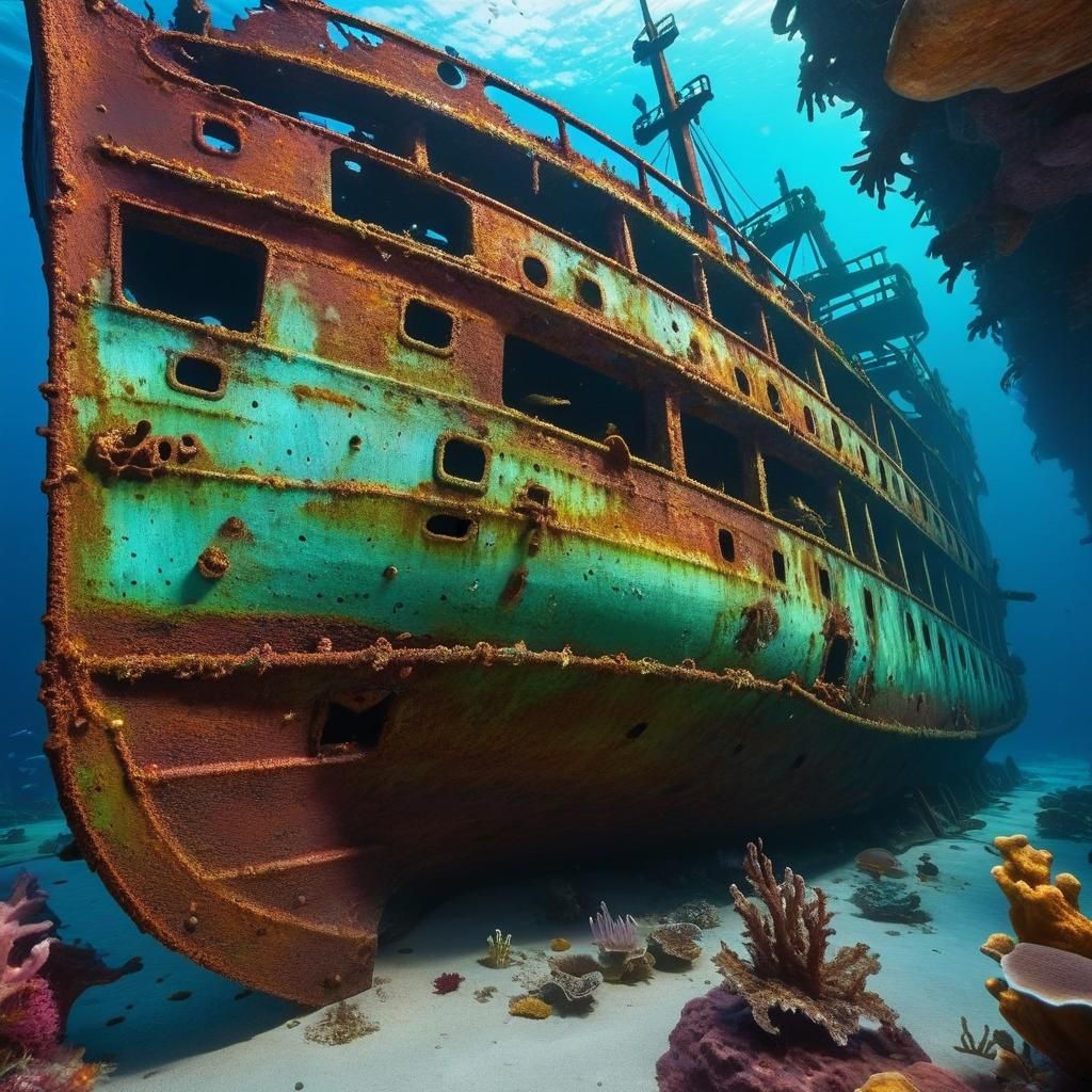 Underwater Shipwreck Teeming with Marine Life
