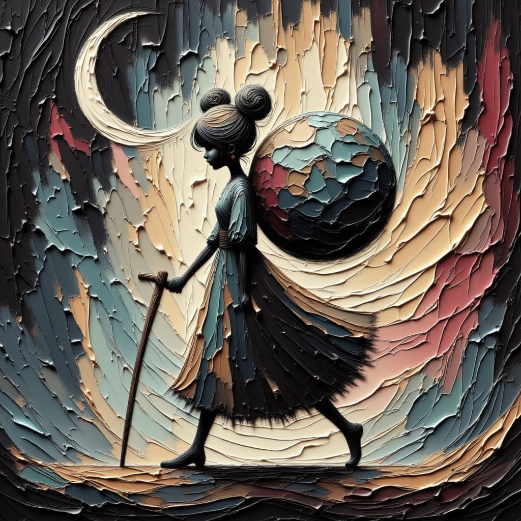 Elderly Woman Carries Earth Through Cosmic Nebula